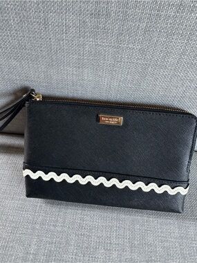 kate spade Black Wristlet Clutch with White Scalloped Trim and Gold Hardware